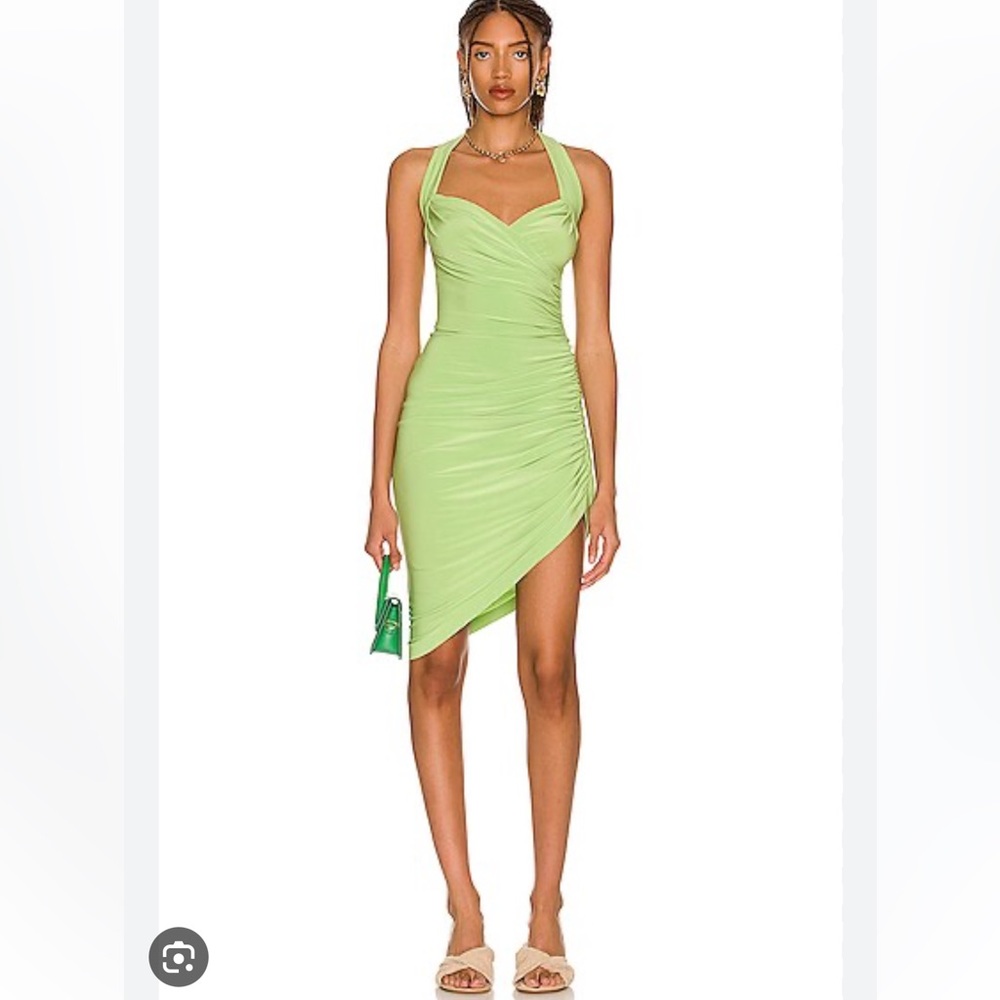Norma Kamali Neon Lime Ruched Asymmetrical Halter Dress